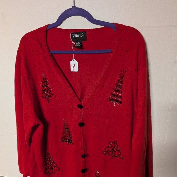 Designers Originals Studio JOY Red Christmas Cardigan – Women’s 1X – Sequin Bead - Picture 2 of 4